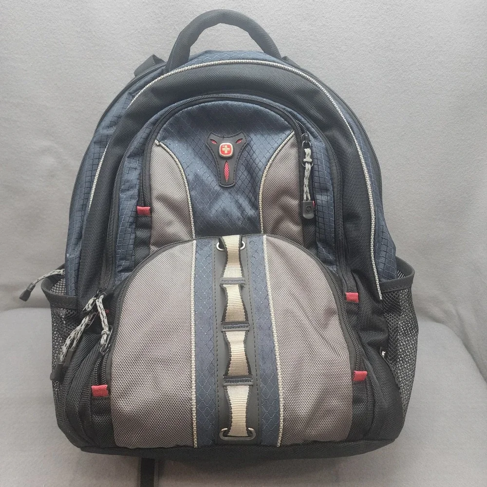 Wenger Black Grey Blue Mesh Padded Backpack Laptop Travel School Bag‎